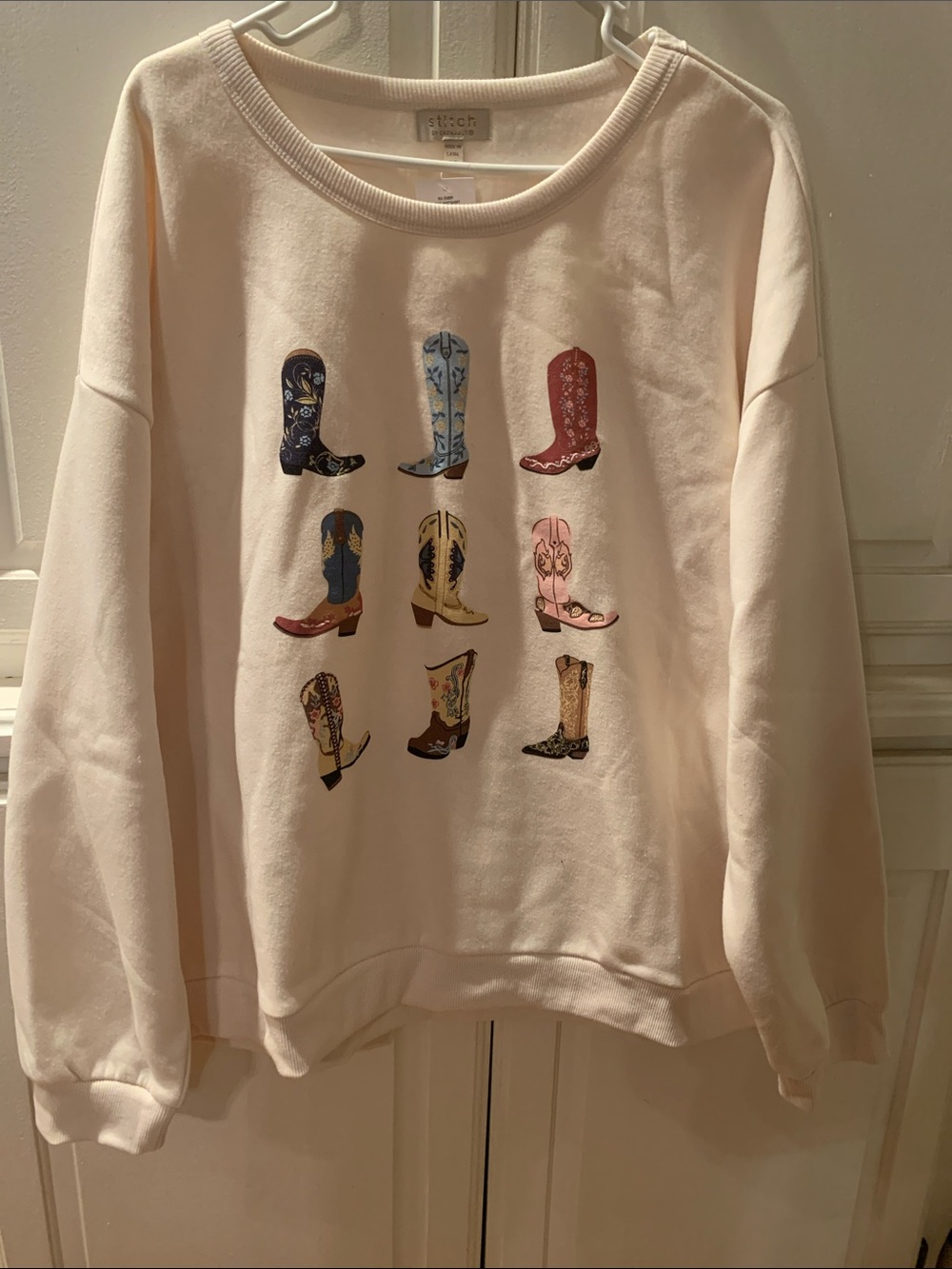 Cream Women's Crewneck Sweatshirt with Colorful Cowboy Boot Motif
